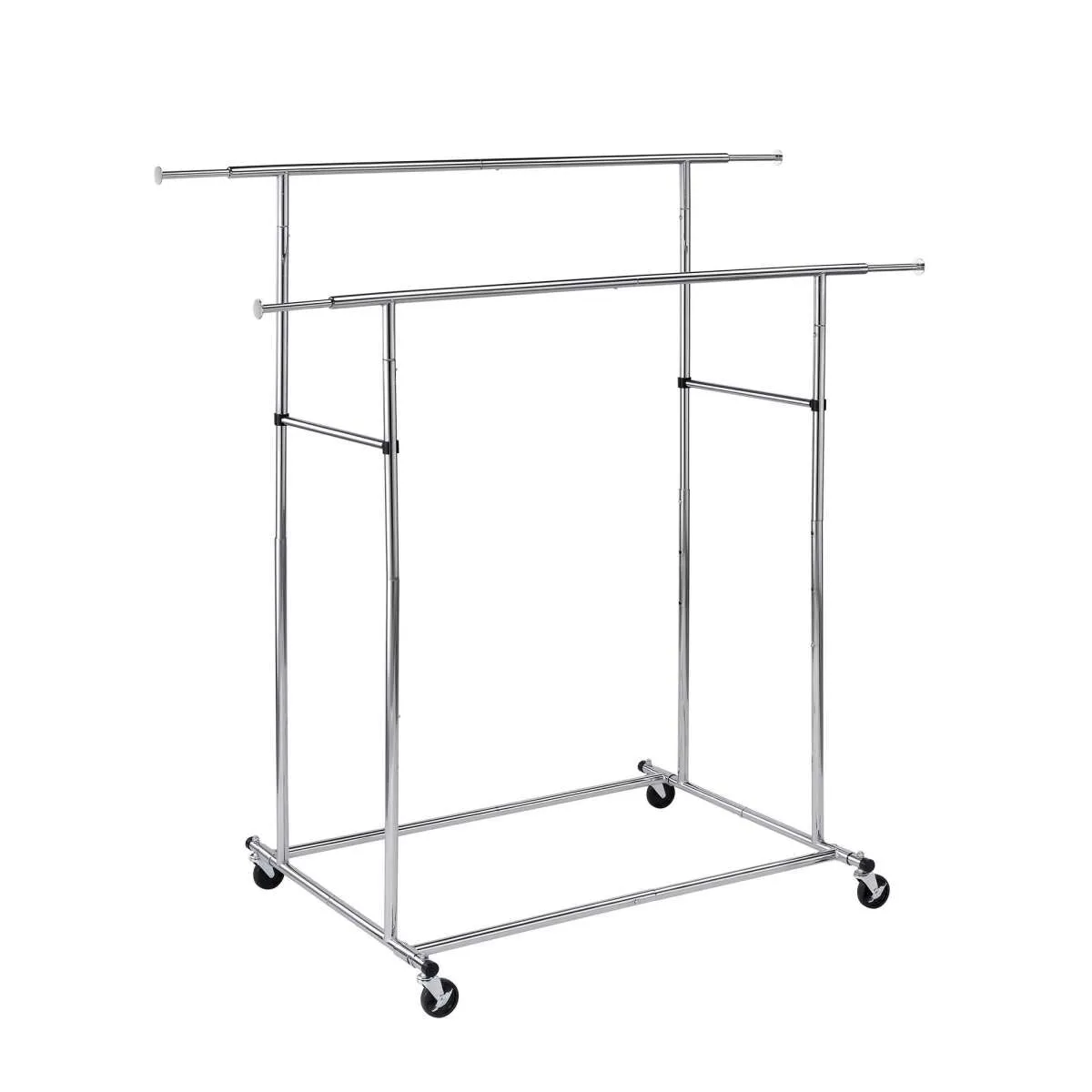 Dual Bar Tubular Metal Frame Garment Rack With Casters, Chrome By Benzara