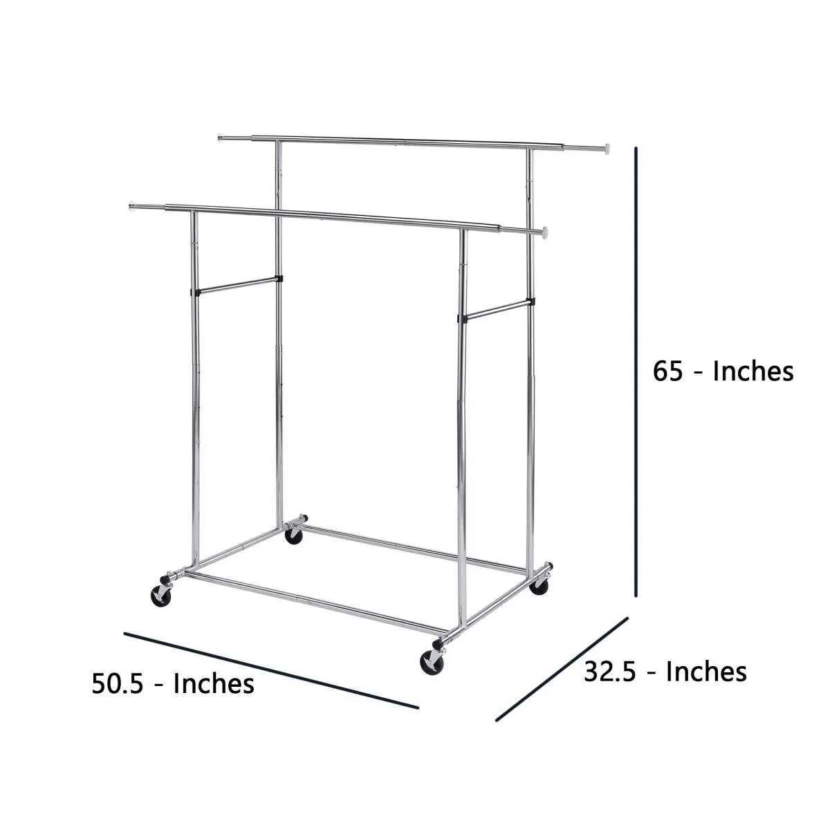 Dual Bar Tubular Metal Frame Garment Rack With Casters, Chrome By Benzara