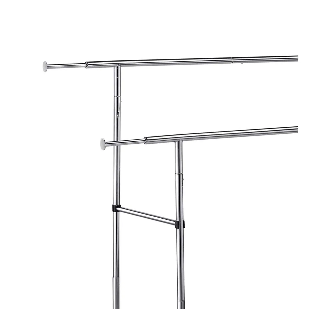 Dual Bar Tubular Metal Frame Garment Rack With Casters, Chrome By Benzara