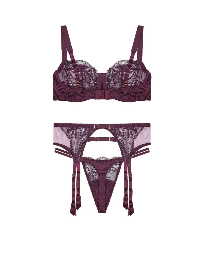 Eliza Lace Balcony Bra, Double Strap Thong & Suspender Belt