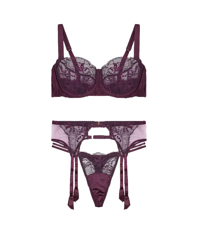 Eliza Lace Balcony Bra, Double Strap Thong & Suspender Belt