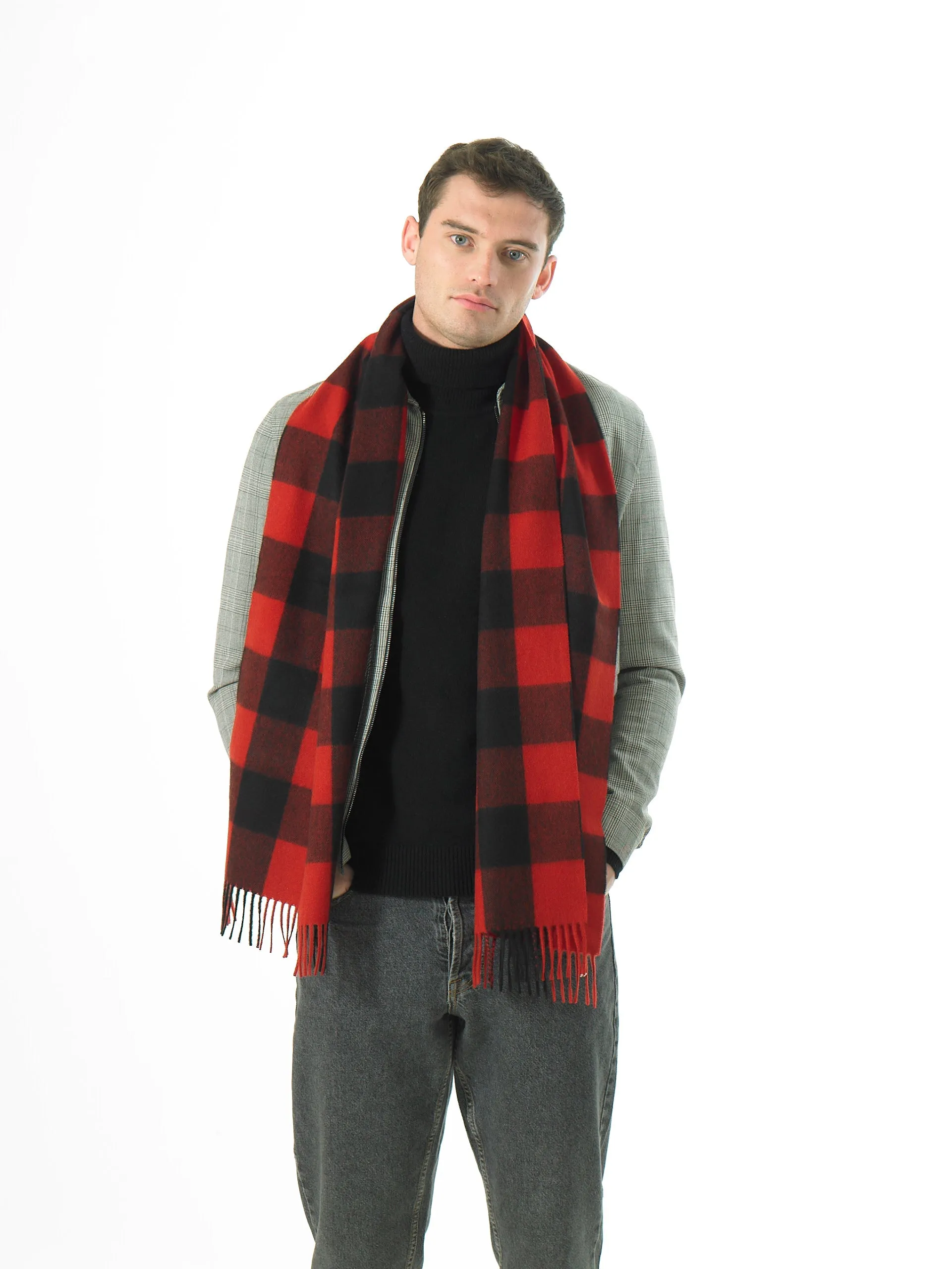 Joshua Ellis - Cabin Check Cashmere Scarf Scarlet