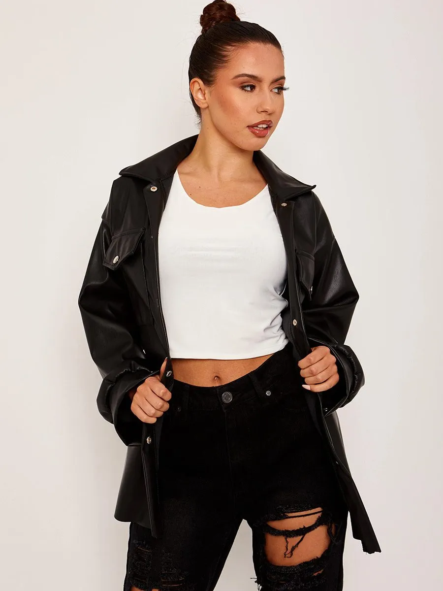 Keira Faux leather PU Shacket In Black