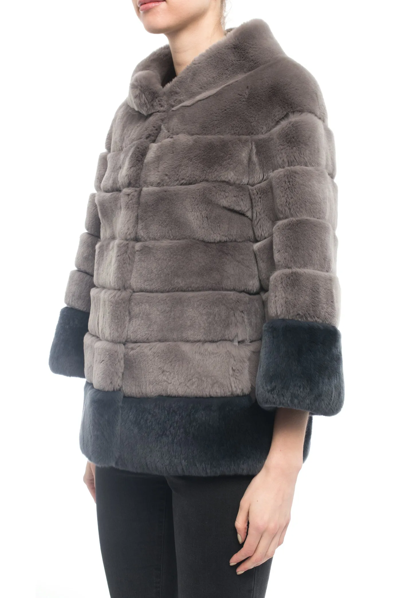 Lysa Lash Grey 2-Tone Sheared Rex Rabbit Fur Jacket - 6
