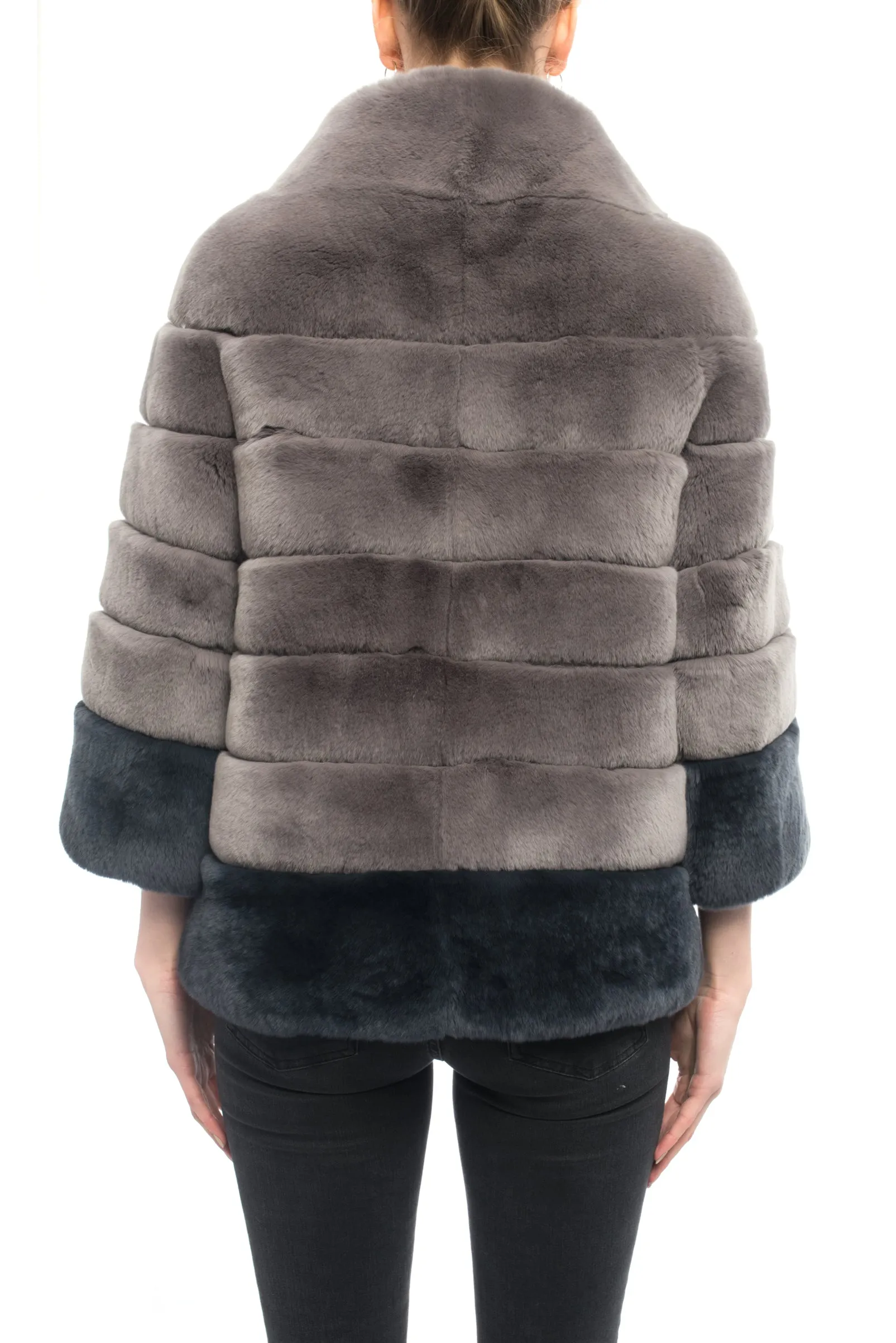 Lysa Lash Grey 2-Tone Sheared Rex Rabbit Fur Jacket - 6
