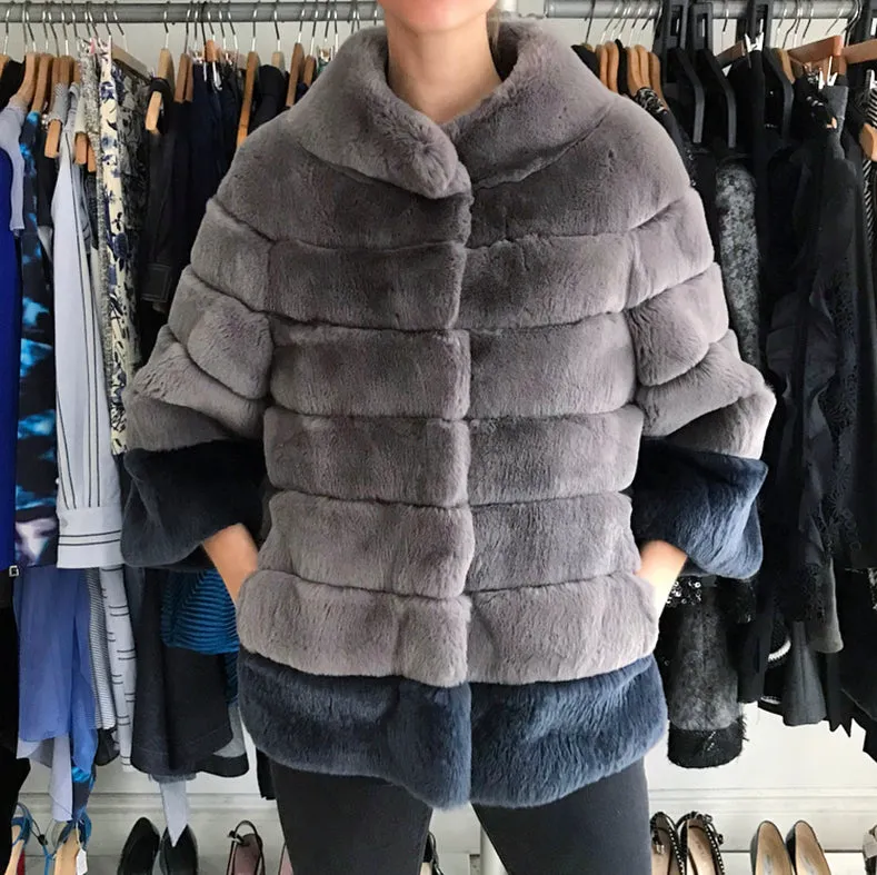 Lysa Lash Grey 2-Tone Sheared Rex Rabbit Fur Jacket - 6