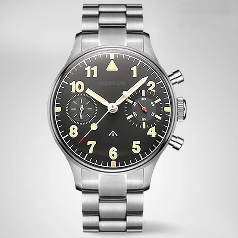 MERKUR Chronograph Mechanical Big Eye Leather Black
