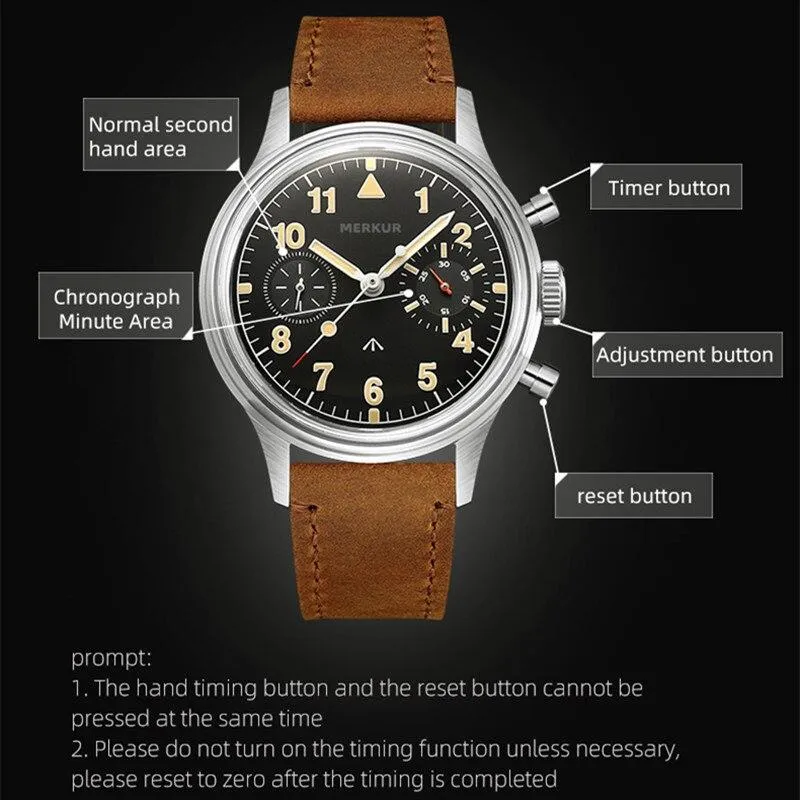 MERKUR Chronograph Mechanical Big Eye Leather Black