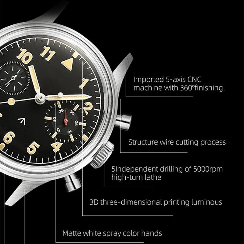 MERKUR Chronograph Mechanical Big Eye Leather Black