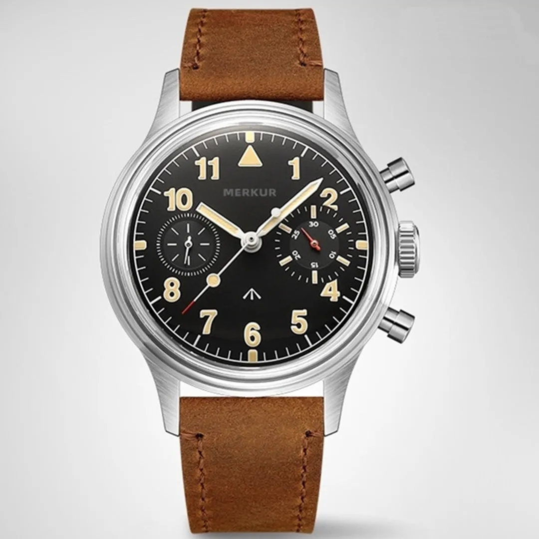MERKUR Chronograph Mechanical Big Eye Leather Black