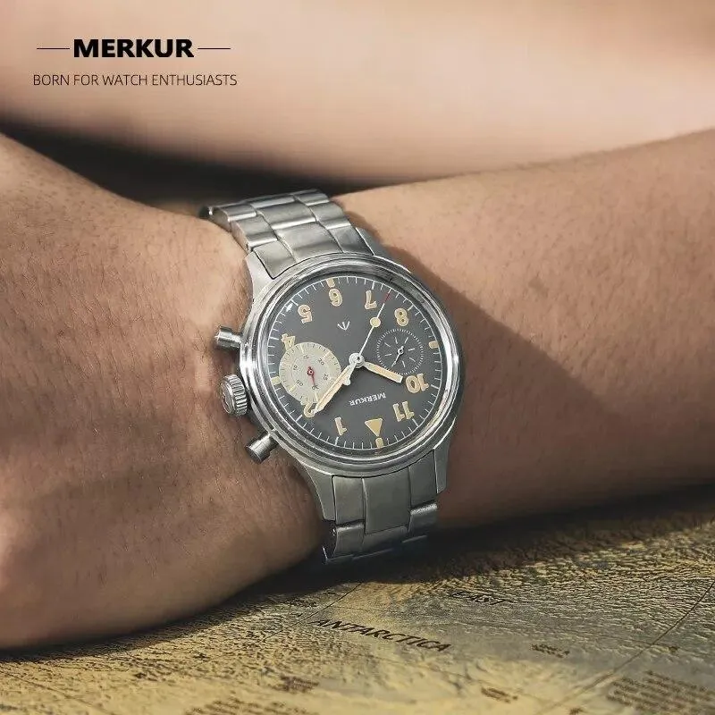 MERKUR Chronograph Mechanical Big Eye Leather Black