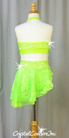 Neon Green Floral Lace Halter Top and Skirt/Booty Short - Swarovski Rhinestones