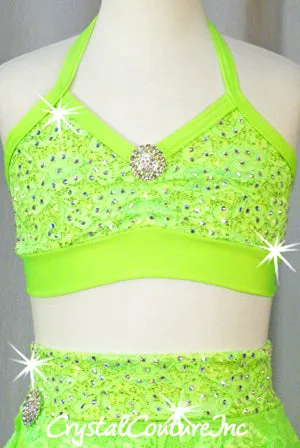 Neon Green Floral Lace Halter Top and Skirt/Booty Short - Swarovski Rhinestones