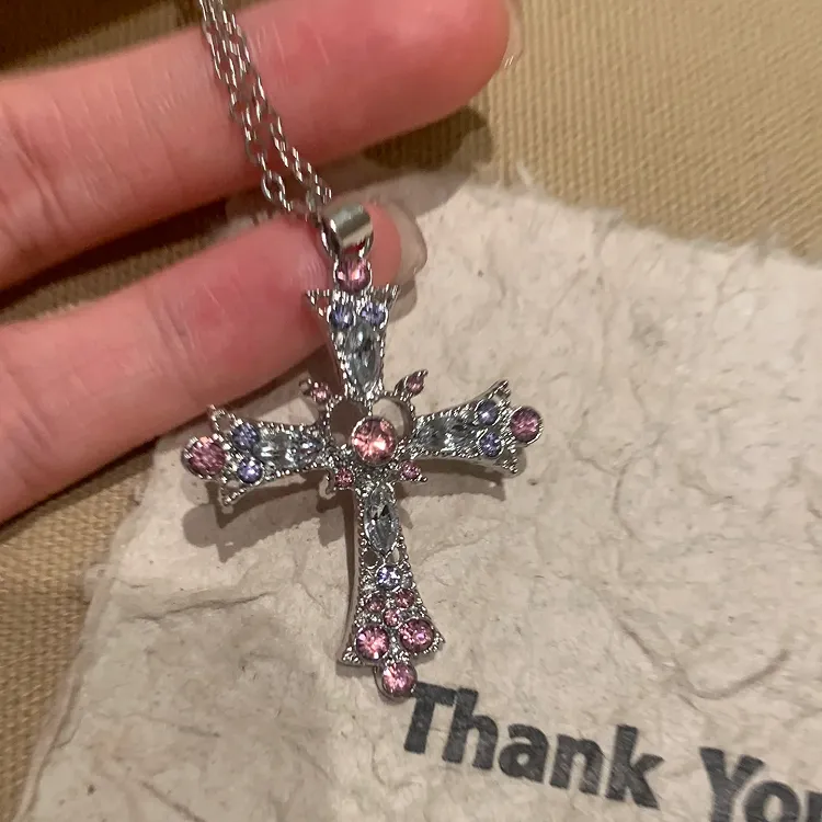 Neon Rainbow/Purple Rhinestone Cross Pendant Chain Necklace