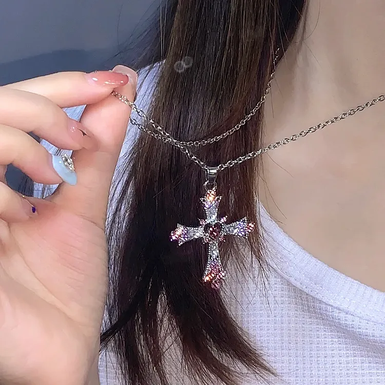 Neon Rainbow/Purple Rhinestone Cross Pendant Chain Necklace