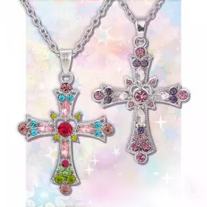 Neon Rainbow/Purple Rhinestone Cross Pendant Chain Necklace