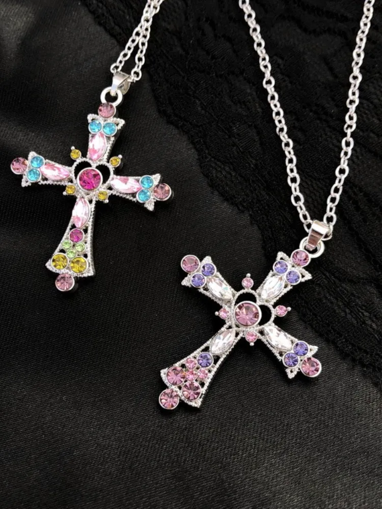 Neon Rainbow/Purple Rhinestone Cross Pendant Chain Necklace