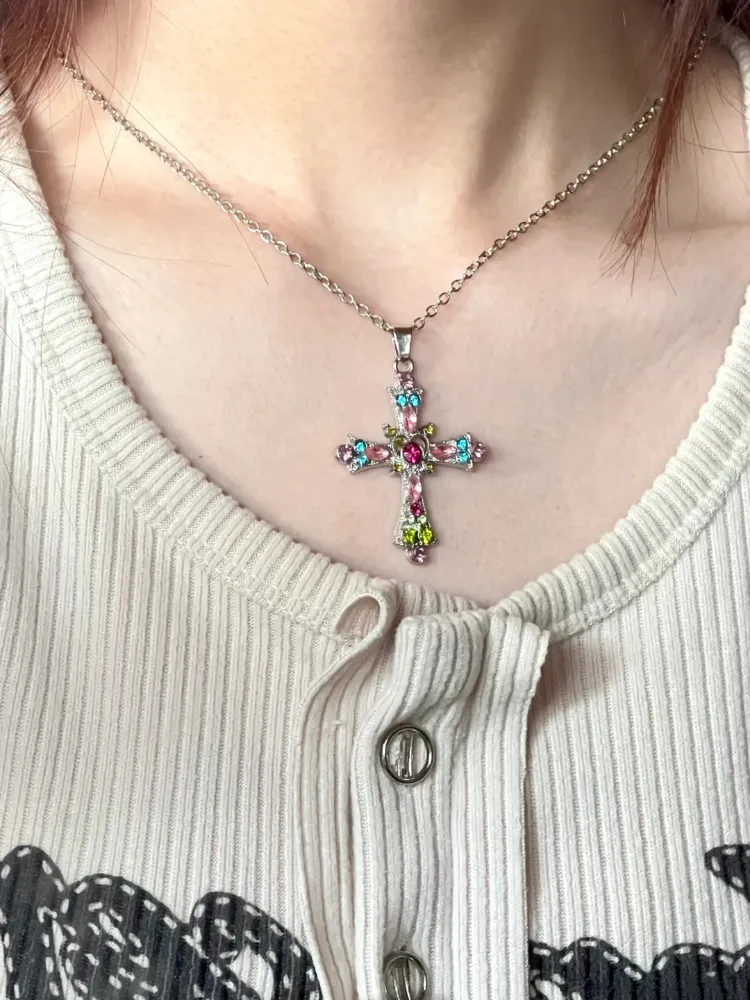 Neon Rainbow/Purple Rhinestone Cross Pendant Chain Necklace