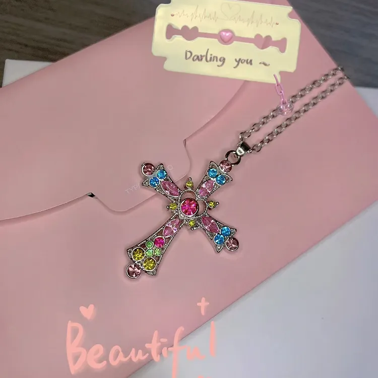 Neon Rainbow/Purple Rhinestone Cross Pendant Chain Necklace