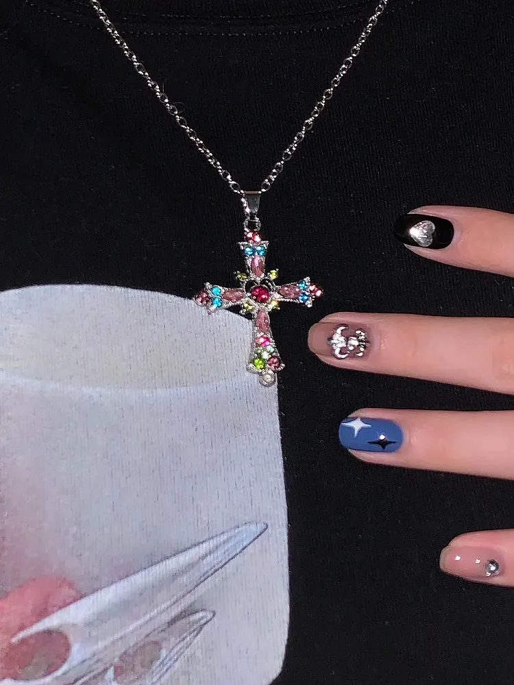 Neon Rainbow/Purple Rhinestone Cross Pendant Chain Necklace