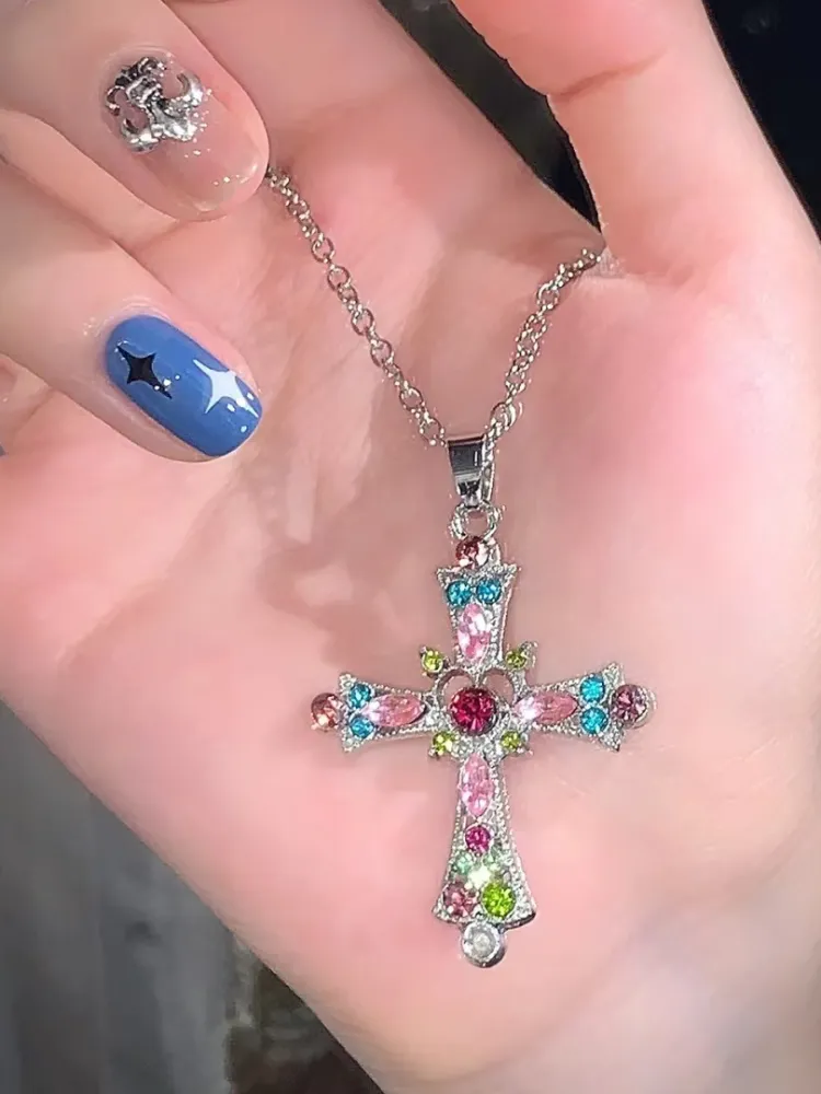 Neon Rainbow/Purple Rhinestone Cross Pendant Chain Necklace