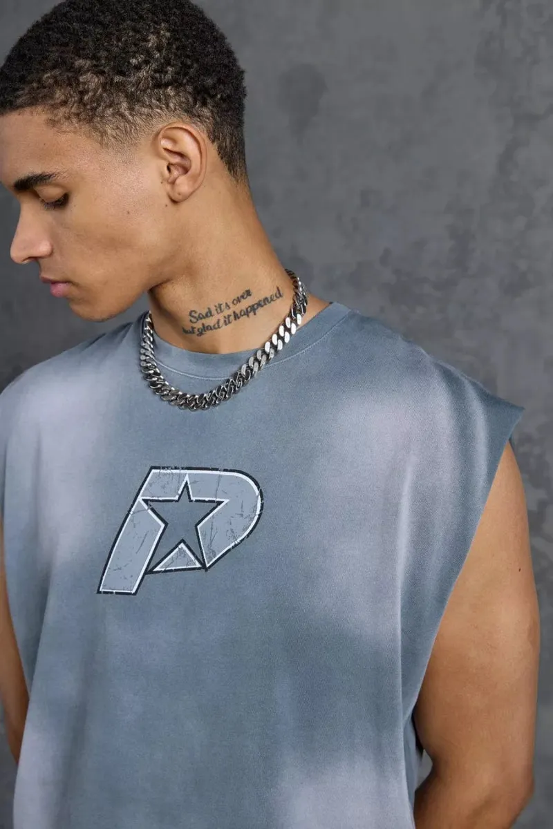 P-Star Oversized Tank Top Chest Print Grey