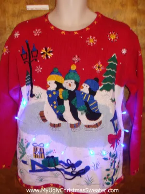 Skating Penguins Red Tacky Xmas Sweater with Lights