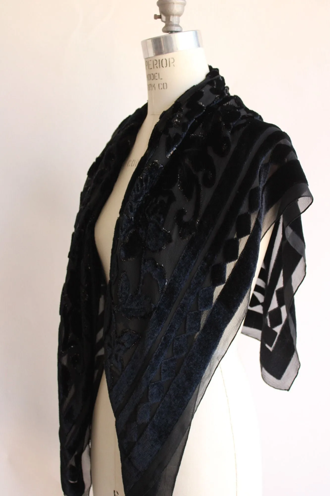 Vintage 1990s Scarf in Black Burnout Floral Velvet with Glitter