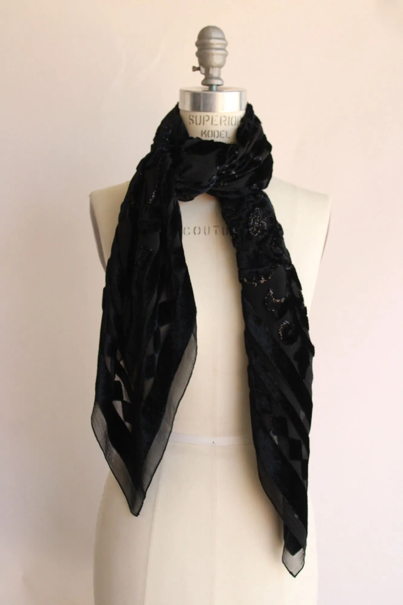 Vintage 1990s Scarf in Black Burnout Floral Velvet with Glitter