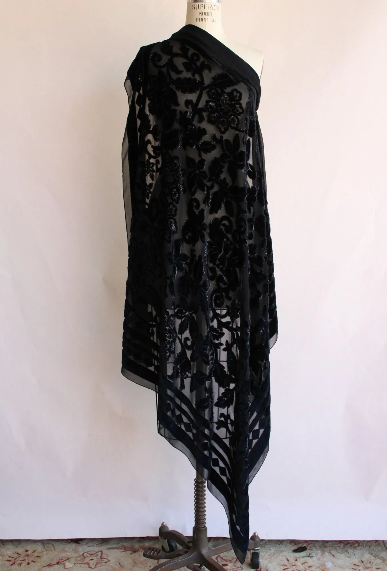 Vintage 1990s Scarf in Black Burnout Floral Velvet with Glitter
