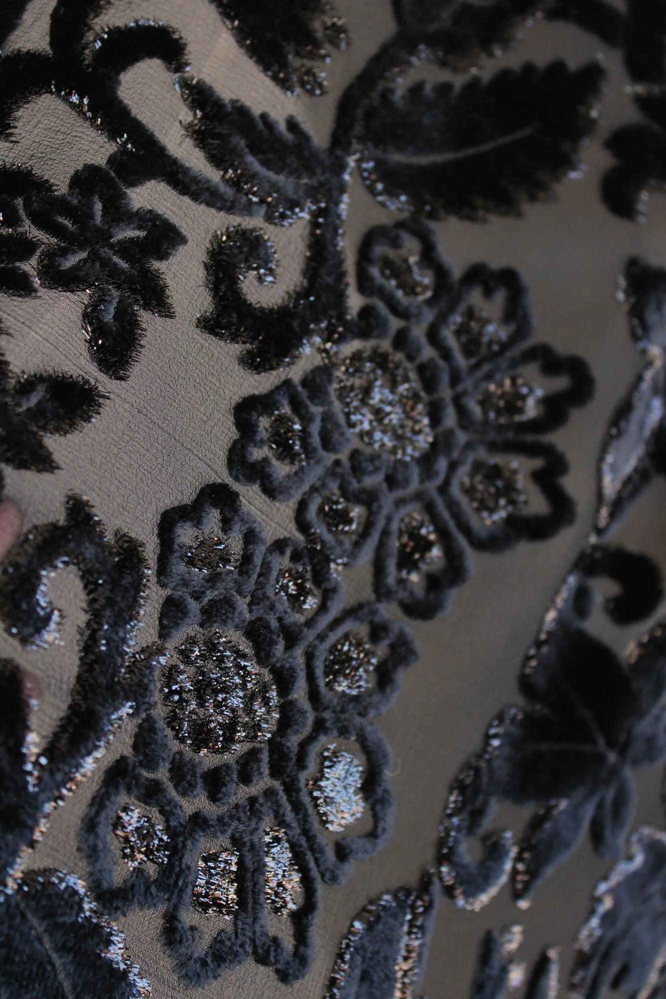 Vintage 1990s Scarf in Black Burnout Floral Velvet with Glitter
