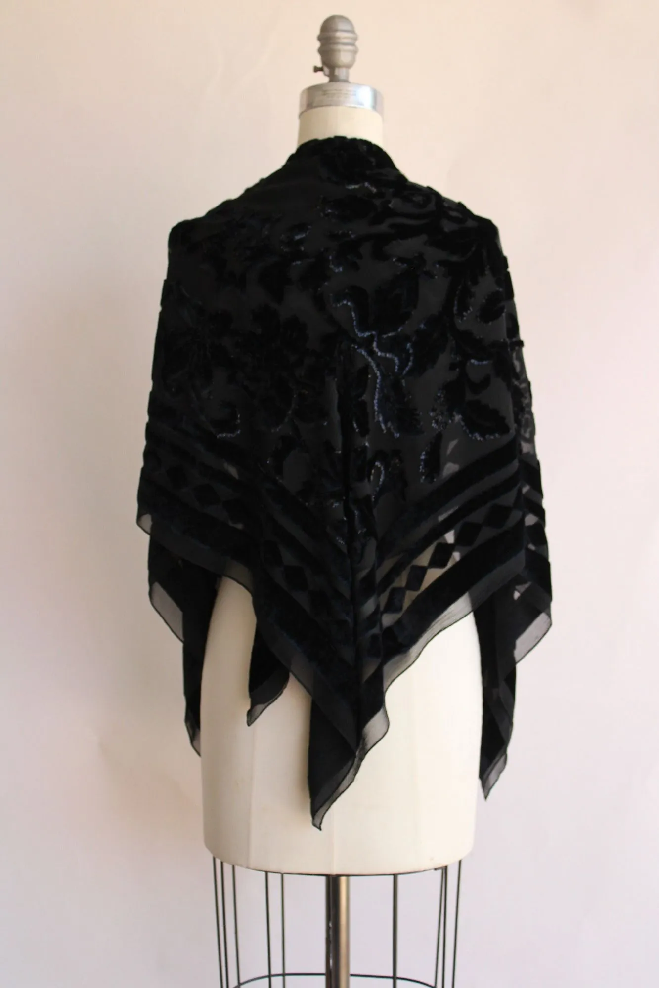 Vintage 1990s Scarf in Black Burnout Floral Velvet with Glitter