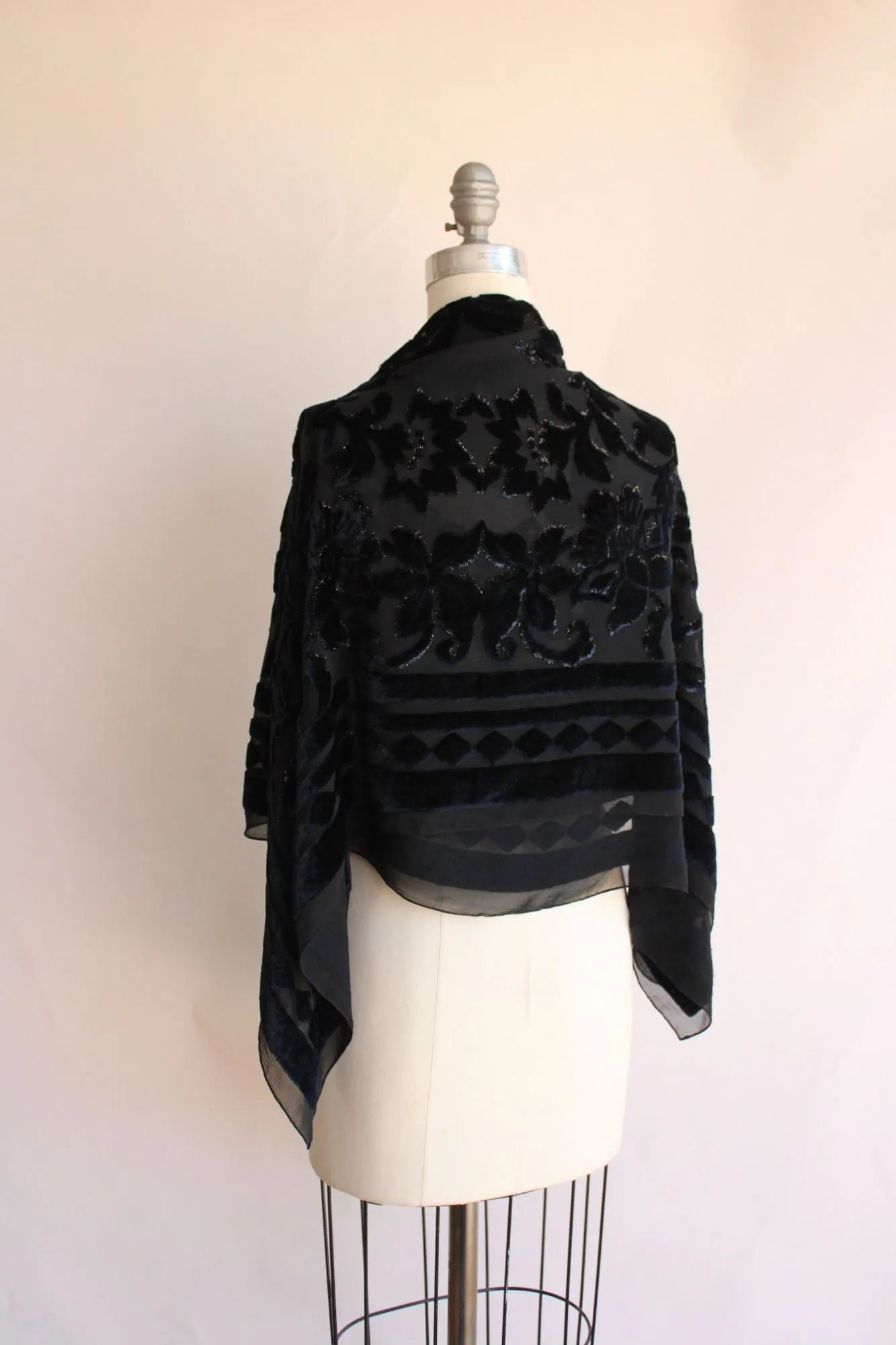 Vintage 1990s Scarf in Black Burnout Floral Velvet with Glitter