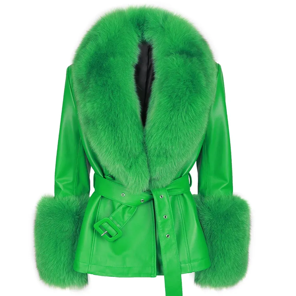 Women's Luxe Leather Winter Jacket with Fox Fur Collar