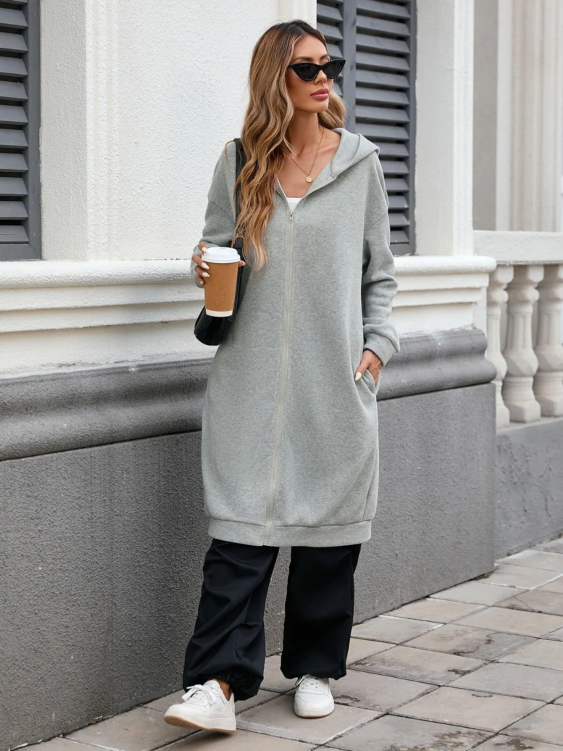Women's Zip Up Long Sleeve Longline Hooded Outerwear