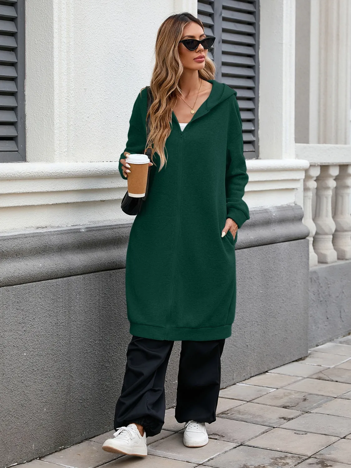 Women's Zip Up Long Sleeve Longline Hooded Outerwear