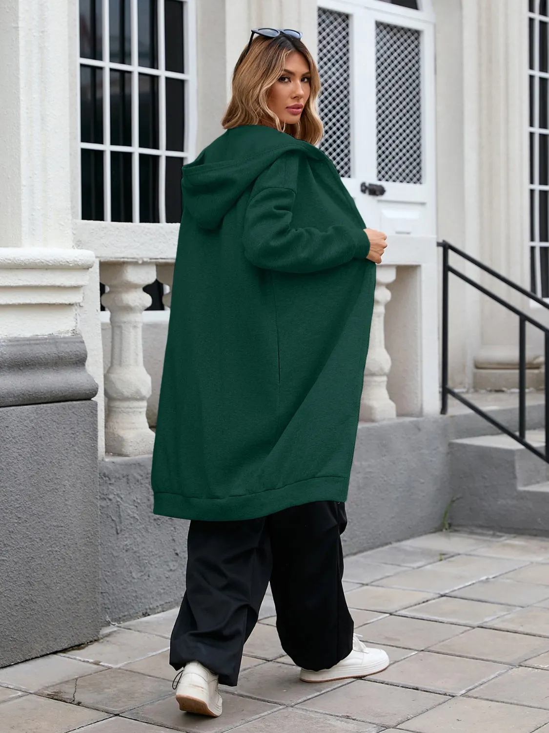 Women's Zip Up Long Sleeve Longline Hooded Outerwear