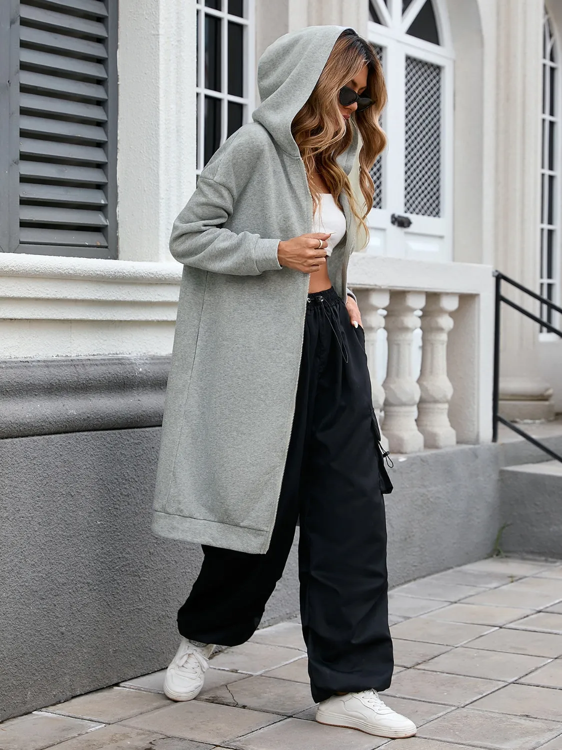 Women's Zip Up Long Sleeve Longline Hooded Outerwear
