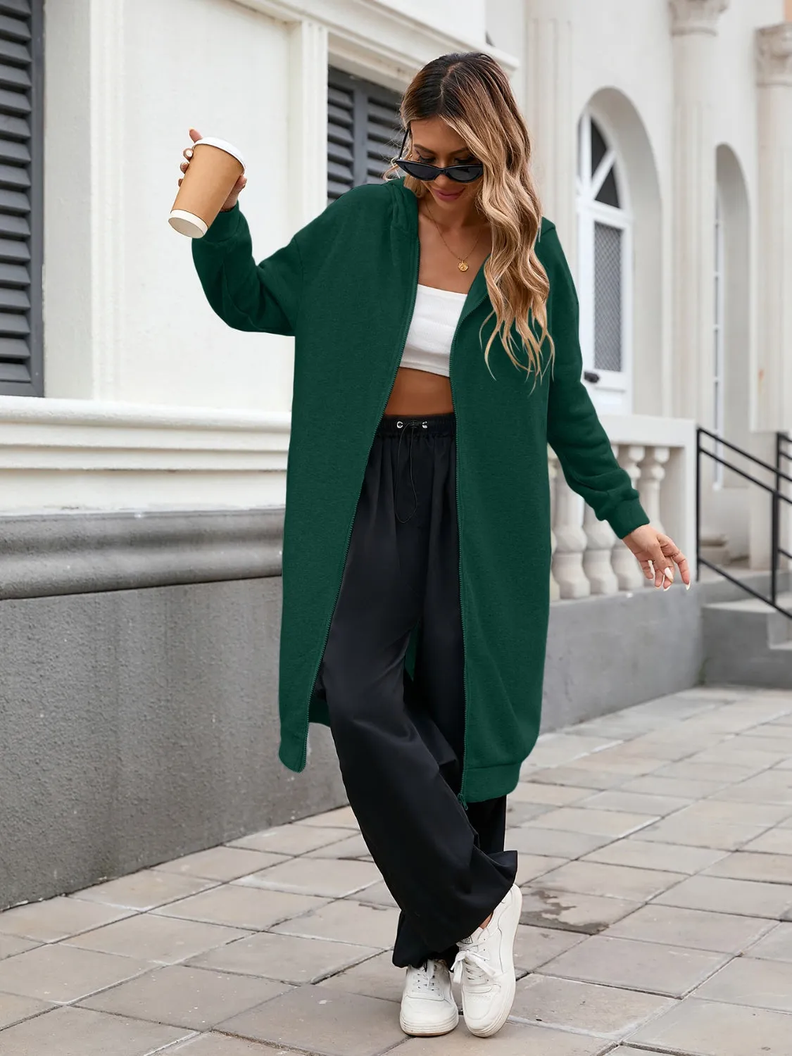 Women's Zip Up Long Sleeve Longline Hooded Outerwear