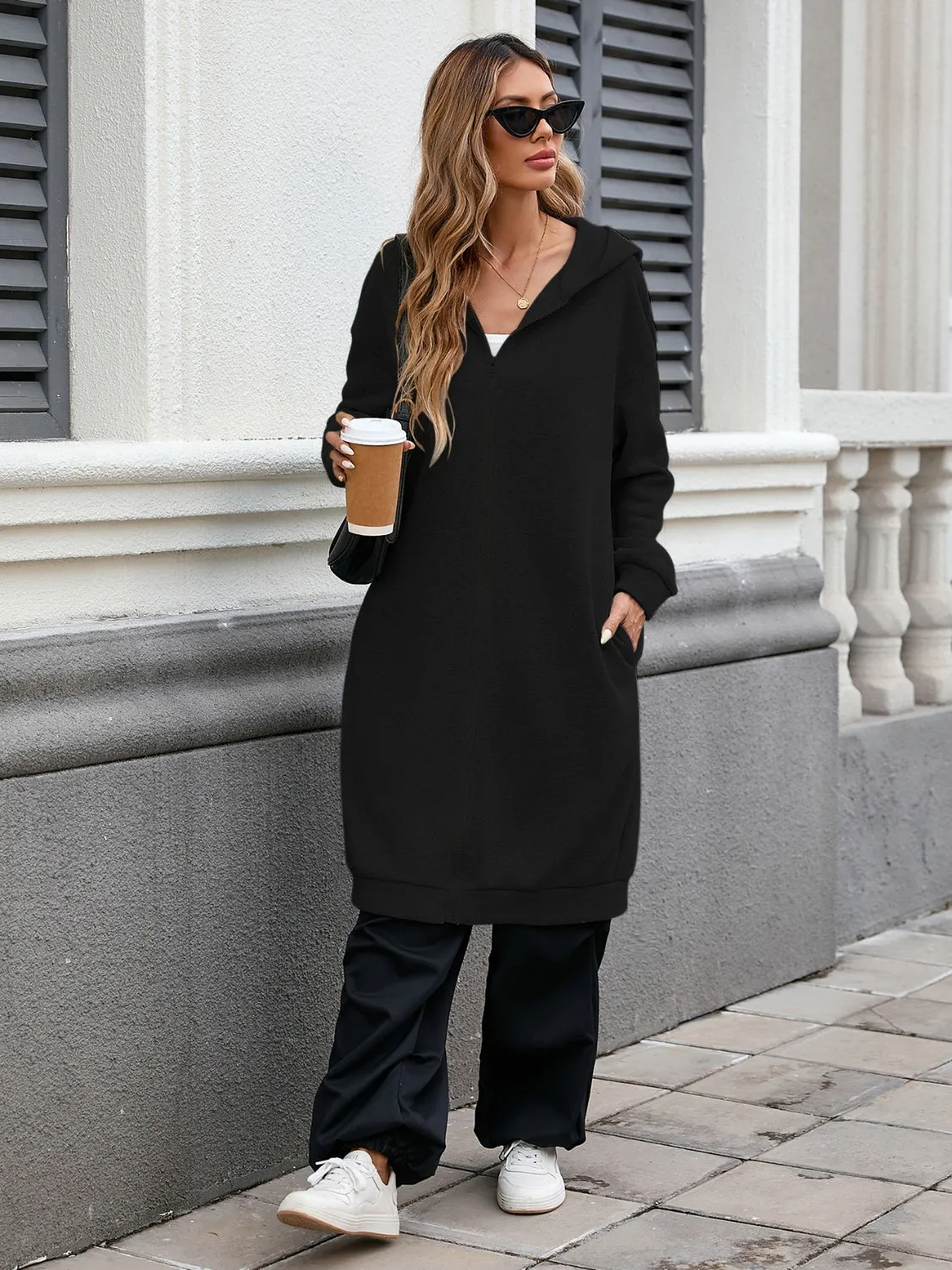 Women's Zip Up Long Sleeve Longline Hooded Outerwear