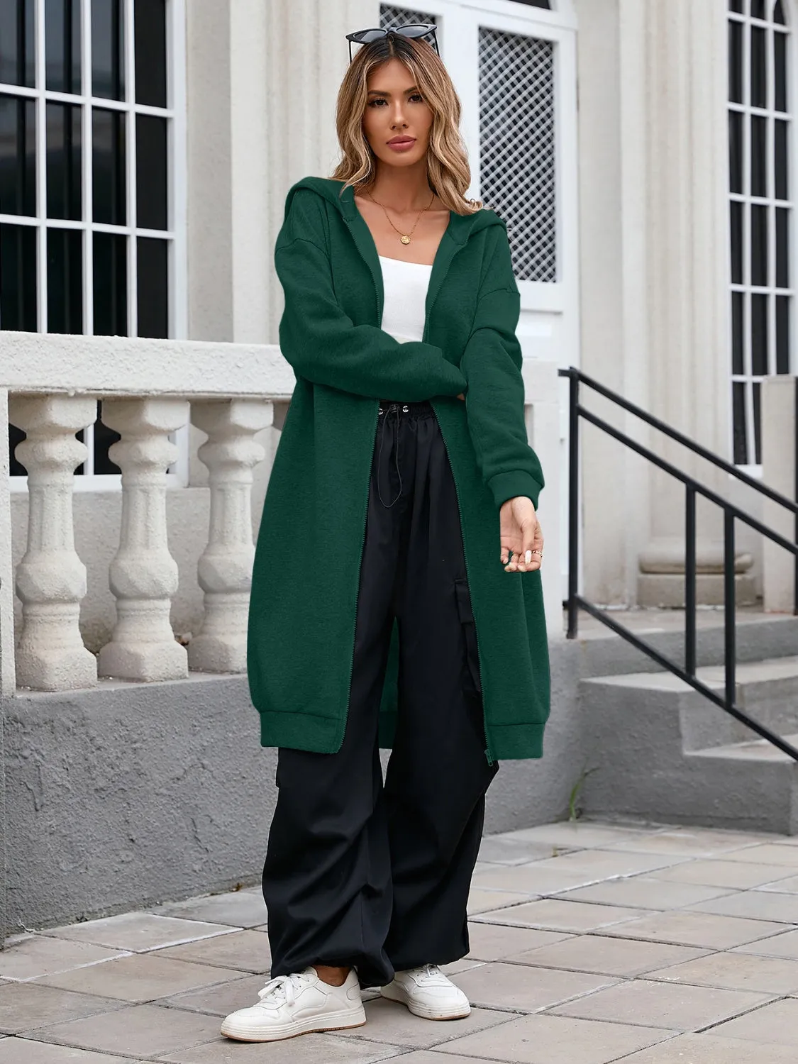 Women's Zip Up Long Sleeve Longline Hooded Outerwear