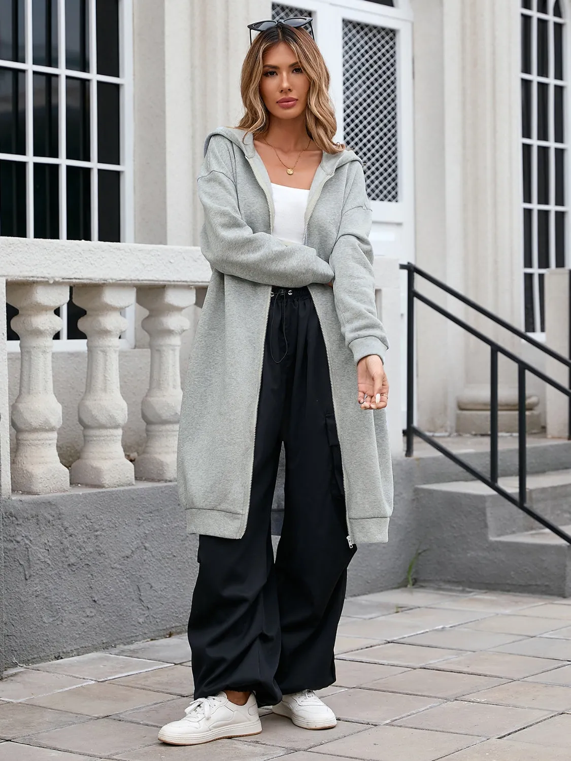 Women's Zip Up Long Sleeve Longline Hooded Outerwear